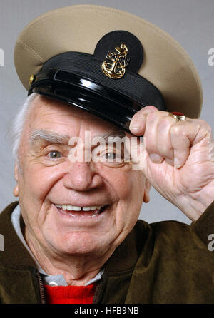 Academy Award winner and actor Ernest Borgnine shows off his new Chief Petty Officer (CPO) cover at the United States Navy Memorial in Washington, District of Columbia (DC). Mr. Borgnine was made an honorary US Navy (USN) CPO by Master Chief Petty Officer of the Navy (MCPON) Terry Scott [not shown] on October 15, 2004. Mr. Borgnine served in the Navy for ten years from 1935-1945 and left the service as a Gunner’s Mate First Class (GM1). Ernest-Borgnine 2004 Stock Photo