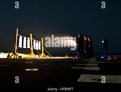 U.S. 5TH FLEET AREA OF RESPONSIBILITY (Sept. 24, 2012) Sailors participate in an evening weapons training shoot on the flight deck aboard the amphibious transport dock ship USS New York (LPD 21). New York is part of the Iwo Jima Amphibious Ready Group and is currently deployed in support of maritime security operations and theater security cooperation efforts in the U.S. 5th Fleet area of responsibility. (U.S. Navy photo by Mass Communication Specialist 2nd Class Ian Carver/Released) 120924-N-XK513-039  Join the conversation www.facebook.com/USNavy www.twitter.com/USNavy navylive.dodlive.mil   Stock Photo