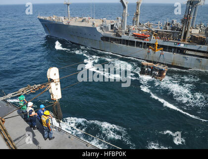 120907-N-NN926-073  GULF OF ADEN (Sept. 7, 2012) Sailors aboard the amphibious transport dock ship USS New York (LPD 21) transfer pallets of hazardous waste to the Military Sealift Command fleet replenishment oiler USNS Laramie (T-AO 203) during a replenishment at sea. New York is part of the Iwo Jima Amphibious Ready Group and is deployed in support of maritime security operations and theater security cooperation efforts in the U.S. 5th Fleet area of responsibility. (U.S. Navy photo by Mass Communication Specialist 2nd Class Zane Ecklund/Released)  - Official U.S. Navy Imagery - Sailors trans Stock Photo