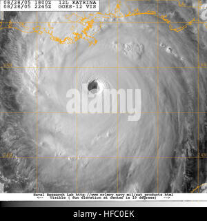 050828-N-0000W-003  Gulf of Mexico (Aug. 28, 2005) Ð GOES-12 Satellite image provided by the U.S. Naval Research Laboratory, Monterey, Calif., showing the status of Hurricane Katrina, at 2245Z or just before 6pm EST.  The storm crossed South Florida Thursday and headed back to sea in the Gulf of Mexico. The storm's wind is now in excess of 160 mph, a category 5 storm. Only three Category 5 hurricanes Ñ the highest on the Saffir-Simpson scale Ñ have hit the United States since record keeping began. The last was 1992's Hurricane Andrew, which leveled parts of South Florida, killed 43 people and  Stock Photo