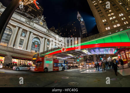 New York City, USA Christmastime at Grand Central Terminal  with the Park Ave Viaduct bathe in Red and Green ©Stacy Walsh Rosenstock Stock Photo