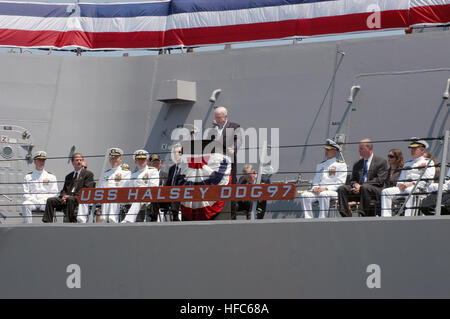 Arizona Senator John McCain (AZ-R) speaks to the crew and guests attending the commissioning ceremony aboard the US Navy's (USN) newest Arleigh Burke Class Destroyer USS HALSEY (DDG 97). The ceremony marked the formal entrance of the guided missile destroyer into the fleet. The ship named after US Naval Academy graduate Fleet Admiral (ADM) William 'Bull' Halsey Jr., who commanded South Pacific Force and South Pacific Area during World War II (WWII). John McCain at commissioning of USS Halsey (DDG-97) Stock Photo