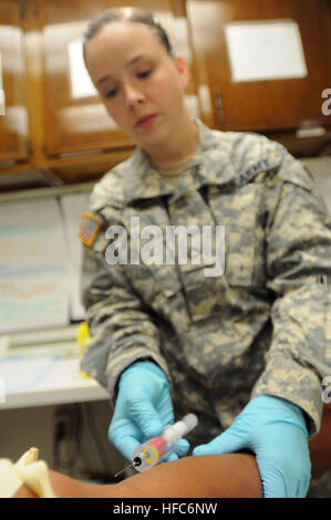GUANTANAMO BAY, Cuba – Army Pfc. Suzie Johnson, a health care specialist with the 525th Military Police Battalion assigned to Joint Task Force Guantanamo’s Joint Troop Clinic, draws a blood sample for lab tests, May 20, 2010. The JTC is a first-line aid station for service members deployed to JTF Guantanamo. JTF Guantanamo conducts safe, humane, legal and transparent care and custody of detainees, including those convicted by military commission and those ordered released by a court. The JTF conducts intelligence collection, analysis and dissemination for the protection of detainees and person Stock Photo