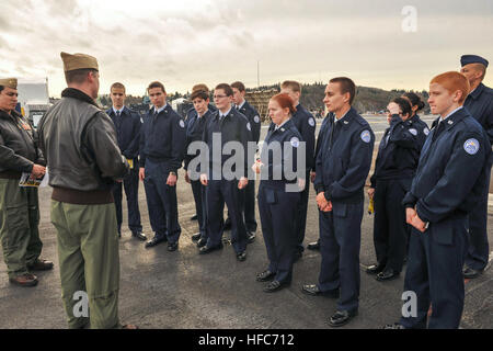 130206-N-RC246-011 EVERETT Wash. (Feb. 6, 2013) – Teenagers of Arlington High School’s Air Force Junior Reserve Officer Training Corps (JROTC), of Arlington, Wash., participate in a tour of the aircraft carrier USS Nimitz (CVN 68). The guided tour gave JROTC members a first-hand look at life aboard a Navy ship. Many of the JROTC students will choose to pursue careers within the military upon completion of school. (U.S. Navy photo by Mass Communication Specialist 3rd Class Ryan J. Mayes/RELEASED) JROTC gets a tour aboard Nimitz 130206-N-RC246-011 Stock Photo