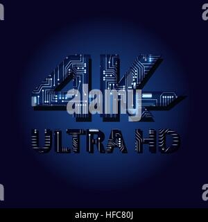Expression "4K ultra HD" with a technological electronics circuit. Stock Vector