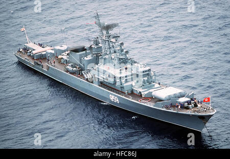 An aerial starboard bow view of the Soviet Krivak I Class guided missile frigate 959 at anchor. Kirvak I class frigate Stock Photo