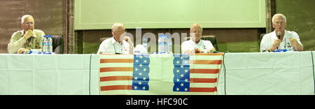 Former 'Good Morning America' host David Hartman and Apollo astronauts Neil Armstrong, Jim Lovell and Gene Cernan discuss their feats in space during the 'Legends of Aerospace' United Services Organization tour at NATO Training Mission-Afghanistan headquarters on Camp Eggers in Kabul, Afghanistan, August 16, 2011. The astronauts, all former U.S. Navy officers, gladly recanted tales of the pioneer voyages into space and walking on the moon. (U.S. Navy photo by Mass Communication Specialist 2nd Class John R. Fischer/Released) Legends of Aerospace - 2 (6049467903) Stock Photo