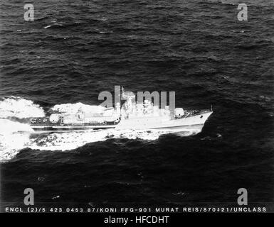 An aerial starboard beam view of the Algerian Koni Class Guided Missile Frigate MURAT REIS underway. MouradRais1987 Stock Photo