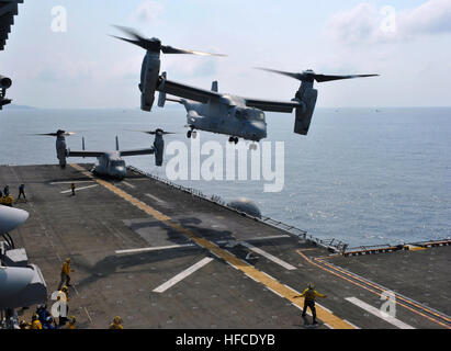 130219-N-VA915-079  GULF OF THAILAND (Feb. 19, 2013) An MV-22 Osprey assigned to Marine Medium Tiltrotor Squadron (VMM) 265 takes off from the amphibious assault ship USS Bonhomme Richard (LHD 6) as another Osprey prepares for take-off. The Bonhomme Richard Amphibious Ready Group is deployed in the U.S. 7th Fleet area of responsibility and taking part in Cobra Gold, a Thai-U.S. co-sponsored multinational joint exercise designed to advance regional security by exercising a robust multinational force from nations sharing common goals and security commitments in the Asia-Pacific region. (U.S. Nav Stock Photo