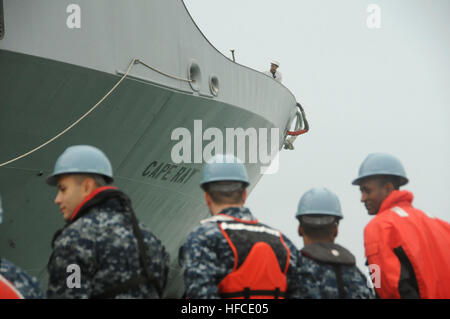 The Military Sealift Command container ship MV Cape Ray (T-AKR 9679) arrives at Naval Station Rota, Spain, for a scheduled port visit. The vessel was modified to contribute to the United Nations and the Organization for the Prohibition of Chemical Weapons joint mission to eliminate Syria's chemical weapons materials. (U.S. Navy photo by Mass Communication Specialist 3rd Class Grant Wamack/Released) MV Cape Ray 140213-N-BS486-583 Stock Photo