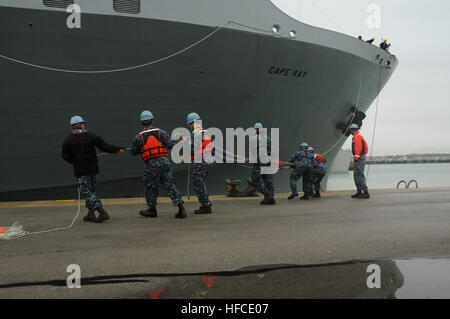 The Military Sealift Command container ship MV Cape Ray (T-AKR 9679) arrives at Naval Station Rota, Spain, for a scheduled port visit. The vessel was modified to contribute to the United Nations and the Organization for the Prohibition of Chemical Weapons joint mission to eliminate Syria's chemical weapons materials. (U.S. Navy photo by Mass Communication Specialist 3rd Class Grant Wamack/Released) MV Cape Ray 140213-N-BS486-605 Stock Photo