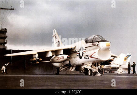An A-7E Corsair II aircraft from VA-12 lands on the aircraft carrier USS Eisenhower (CVN-69) using the ship's catapult system. This showcases carrier-based tactical aviation and pilot proficiency within U.S. Navy operations. Stock Photo
