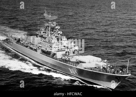 A starboard bow view of a Soviet Krivak class guided missile frigate underway. Razitel'nyy1 Stock Photo