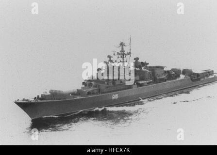 Aerial port bow view of the Russian Northern Fleet Krivak II class guided missile frigate Rezvy (FFG-916) underway. Rezvyy1994 Stock Photo