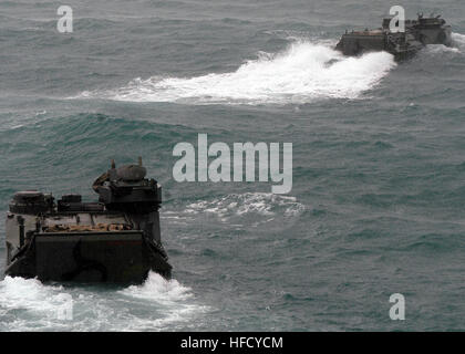 Royal Thai Navy AAV-7A1 amphibious assault vehicles, assigned to the medium landing ship HTMS Surin (LST 722), disembark from the dock landing ship USS Tortuga (LSD 46) during cooperation afloat and readiness training (CARAT) 2008, off the coast of Thailand June 15, 2008.  CARAT 2008 is an annual series of bilateral exercises involving the U.S. and Southeast Asian nations. (U.S. Navy photo by Mass Communication Specialist 2nd Class Leticia Fritzsche/Released) Royal Thai Navy AAV-7A1 AAVs disembark 080615-N-5831F-190 Stock Photo