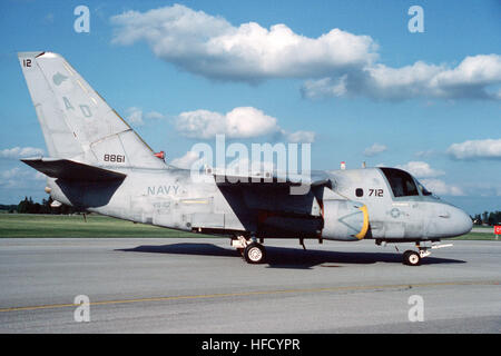 A right side view of an Air Anti-submarine Squadron 27 (VS-27) S-3A Viking aircraft parked on the flight line. S-3A Viking of VS-27 in June 1987 Stock Photo