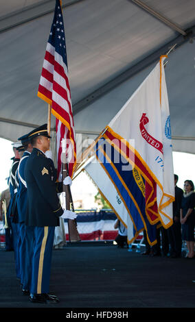 Joint service color guard parades the colors during a ceremony of the 69th anniversary of the end of World War II aboard the Battleship Missouri Memorial. On Sept. 2, 1945, Japan officially surrendered as the Japanese Instrument of Surrender was signed onboard the ship by Gen. Douglas MacArthur, Fleet Adm. Chester Nimitz, Japanese Foreign Minister Mamoru Shigemitsu and other world leaders. (U.S. Navy photo by Mass Communication Specialist 2nd Class Diana Quinlan/Released) The 69th anniversary of the end of World War II aboard the Battleship Missouri Memorial 140902-N-WF272-019 Stock Photo