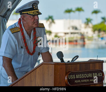 Rear Adm. Robert Girrier, deputy commander, U.S. Pacific Fleet, addresses the audience during a ceremony of the 69th anniversary of the end of World War II aboard the Battleship Missouri Memorial. On Sept. 2, 1945, Japan officially surrendered as the Japanese Instrument of Surrender was signed onboard the ship by Gen. Douglas MacArthur, Fleet Adm. Chester Nimitz, Japanese Foreign Minister Mamoru Shigemitsu and other world leaders. (U.S. Navy photo by Mass Communication Specialist 2nd Class Diana Quinlan/Released) The 69th anniversary of the end of World War II aboard the Battleship Missouri Me Stock Photo