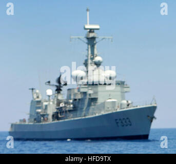 100521-N-3674H-177 MEDITERRANEAN SEA (May 21, 2010) Spanish marines depart the Spanish navy Descubierta-class corvette SPS Infanta Elena (P 76) during a visit, board, search and seizure (VBSS) drill in the Mediterranean Sea during Phoenix Express 2010 (PE-10). PE-10 aims to improve maritime safety and security in the Mediterranean Sea through increased interoperability and cooperation among regional partners from Africa, Europe and the United States. (U.S. Navy photo by Mass Communication Specialist 2nd Class John Hulle/Released) The Portuguese navy frigate NRP Bartolomeu Dias (F-333) (cropped Stock Photo