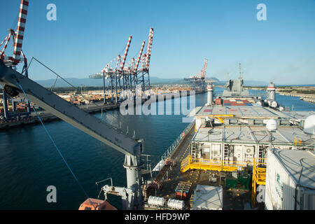 MV Cape Ray (T-AKR 9679) arrives at Medcenter Container Terminal in Gioia Tauro, Italy, to receive chemical agent cargo from MV Ark Futura, supporting U.S. government operations for the disposal of Syrian chemical agents in the eastern Mediterranean. Stock Photo