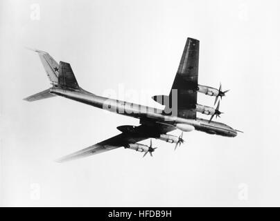 An air-to-air right side view of a Tu-142 Bear F anti-submarine patrol aircraft. Tu-142M-1988 Stock Photo