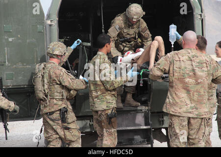 Provincial Reconstruction Team (PRT) Farah medics and security force members remove a wounded Afghan National Policeman from a field ambulance at Forward Operating Base (FOB) Farah, Nov. 20.  The policeman was treated at FOB Farah by surgeons and medics from the 541st Forward Surgical Team (Airborne) and PRT Farah following a targeted Taliban attack that killed a former Taliban who left the insurgency to join the Afghan National Police.  The policeman was treated and medically evacuated for further care.  PRT Farah's mission is to train, advise and assist Afghan government leaders at the munic Stock Photo