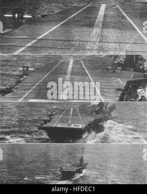 Aircraft landing with aid of the landing mirror on USS Bennington (CVA-20) in 1955 Stock Photo