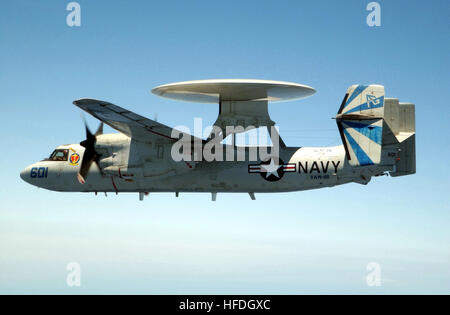 020512-N-6492H-519 At sea with USS John F. Kennedy (CV 67) May 12, 2002 -- An E-2C “Hawkeye” assigned to the 'Bluetails' of Carrier Airborne Early Warning Squadron One Two One (VAW-121) conduct a combat mission in support of Operation Enduring Freedom.  The Bluetails are embarked with Carrier Air Wing Seven (CVW-7) aboard Kennedy.  U.S. Navy photo by Photographer’s Mate 1st Class Jim Hampshire.  (RELEASED) US Navy 020512-N-6492H-519 E-2C Stock Photo