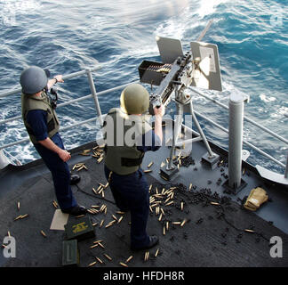 Gunner's Mate's fire a .50-caliber machine gun aboard an aircraft ...