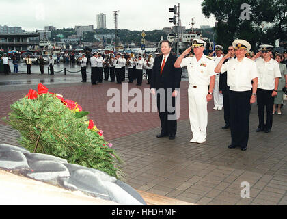 020809-N-5686B-004 Vladivostok, Russia Federation (Aug. 9, 2002) -- Vice Admiral Robert F. Willard, Commander U.S.  Seventh Fleet (center), and Vice Admiral Federov, Commander Russian Federation Pacific Fleet (right), salute during the playing of their respective countriesÕ national anthems during a commemorative wreath-laying ceremony held at the Russian Federation Pacific Fleet Battle Memorial.  U.S. Navy photo by Photographer's Mate 2nd Class Crystal M. Brooks.  (RELEASED) US Navy 020809-N-5686B-004 Vice Adm Willard %%%%%%%%5E Vice Adm Federov pay their respecs during a wreath-laying ceremo