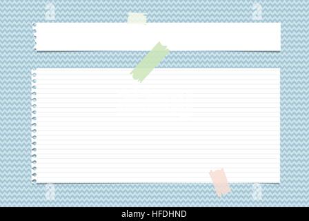 White horizontal torn note, notebook, copybook paper stripes stuck with sticky tape on blue wavy pattern Stock Vector