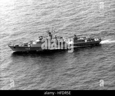 An aerial port beam view of Soviet Koni Class frigate underway. Berlin1982-2 Stock Photo