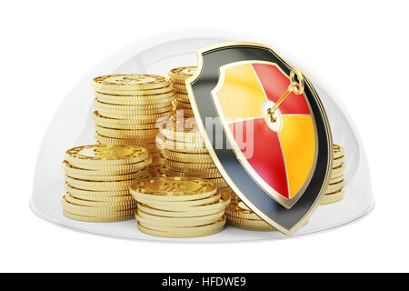 Golden coins covered by glass dome. Security and protection concept, 3D rendering isolated on white background Stock Photo
