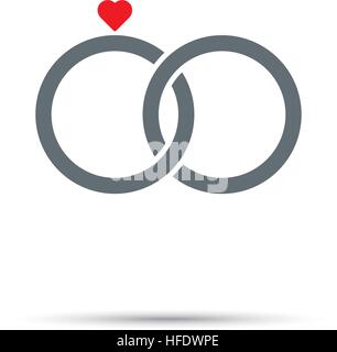 Engagement Rings Icon for Valentines Day. Joint pair of rings, red heart on left one. Stock Vector