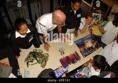 040622-N-8158F-003 San Diego, Calif. (June 22, 2004) - Sailors from Commander Cruiser Destroyer Group Five (CCDG-5) answer questions about the Navy from students at the Valencia Park Center for Academics Drama and Dance, during the 6th Annual Career Education Fair, held at the center. The San Diego Police Department, Fire Department, SBC Telecommunications, and USA National Credit Union also attended. U.S. Navy photo by Photographer's Mate Airman Roland Franklin (RELEASED) US Navy 040622-N-8158F-003 Sailors from Commander Cruiser Destroyer Group Five (CCDG-5) answer questions about the Navy fr Stock Photo