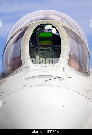 030421-N-0295M-002 Indian Ocean (Apr. 21, 2003) Ð A pilot assigned to the ÒBounty HuntersÓ of Fighter Squadron two (VF-2), looks through his Heads-Up Display (HUD) as he checks the systems of his F-14D Tomcat in preparation for a unit level training mission. Constellation and embarked Carrier Air Wing Two (CVW-2) are on a regularly scheduled deployment in support of Operation Iraqi Freedom (OIF), the multinational coalition effort to liberate the Iraqi people, eliminate Iraq's weapons of mass destruction and end the regime of Saddam Hussein. U.S. Navy photo by Photographer's Mate 2nd Class Dan Stock Photo