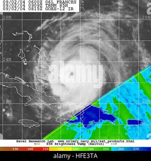 040902-N-0000X-003 Mid-Atlantic Ocean (Sept. 2, 2004) Ð Satellite image taken from the GOES-12 satellite of Hurricane Frances at approximately 0415 EST. Frances, a category four hurricane on the Saffir-Simpson hurricane scale, is approximately 500 miles east-southeast of the Florida East Coast, moving at near 14 knots. Maximum sustained winds remain near 140 MPH with winds extending outwards up to 80 miles. The core of the storm is expected to be near Florida within two days, only three weeks after Hurricane Charley left billions of dollars in damage as it swept across the peninsula. Photo pro Stock Photo