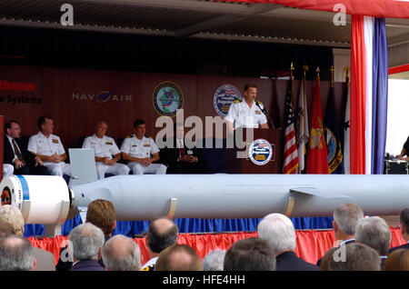 040929-N-0295M-004 Washington, D.C. (Sept. 29, 2004) Ð Program Manager, Tomahawk All-Up-Round Programs, and Master of Ceremonies, Capt. Robert E. Novak, speaks to the audience as the U.S. Navy formally welcomes Raytheon CompanyÕs Tomahawk Black IV cruise missile into the NavyÕs arsenal at a fleet introduction ceremony at the Pentagon in Washington, D.C. The Block IV officially achieved initial operation capability (IOC) on May 27, 2004 with the loading of the first missile aboard the guided missile destroyer USS Stethem (DDG 63). The new capabilities that Block IV Tomahawk brings to the NavyÕs Stock Photo