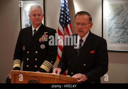 FAIRBANKS, Alaska -- U.S. Senator Ted Stevens (right) and Admiral Timothy J. Keating field questions from the local media here during a press conference at the 37th Annual Military Appreciation Banquet on 15 Apr. Admiral Keating is Commander, North American Aerospace Defense Command and United States Northern Command at Peterson Air Force Base, Colorado. USAF Photo by SrA Joshua Strang (Released) US Navy 050415-F-3488S-010 U.S. Senator Ted Stevens (R-Alaska), right, and Adm. Timothy J. Keating field questions from the local media Stock Photo