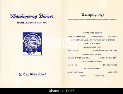 031125-N0336C-001 Naval Historical Center, Washington, D.C. (File photo) Holiday dinners on ship and shore are important memories for past and present Sailors of special times away from home with their shipmates.  The Navy Department Library has more than 100 historic holiday menus in its collection, and an exhibit of some them is in its reference section.  One on exhibit is this 1943 Thanksgiving Day dinner menu from USS Wake Island (CVE 65). The library is trying to collect holiday menus from all eras, including the present day.  U.S. Navy photo.  (RELEASED) US Navy 031125-N-0336C-001 Holida Stock Photo