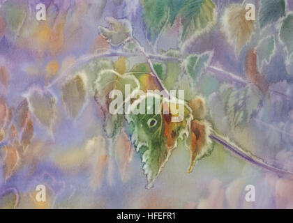 frozen birch leaves watercolor background Stock Photo