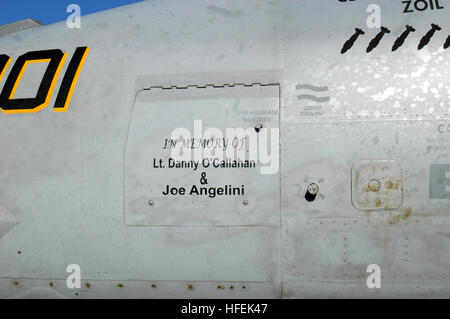 030430-N-9228K-020 The Pacific Ocean (Apr. 30, 2003) -- An F/A-18E Super Hornet assigned to the ÒEaglesÓ of Strike Fighter Squadron One Fifteen (VFA-115) is painted with the names and crest of the fallen New York City Firefighters who gave their lives rescuing victims of the World Trade Center attacks of Sept. 11, 2001. USS Abraham Lincoln (CVN 72) and Carrier Air Wing Fourteen (CVW14) are returning from their record-breaking deployment of 9 months to the Arabian Gulf in support of Operation Iraqi Freedom.  U.S. Navy photo by Photographer's Mate 3rd Class Michael S. Kelly.  (RELEASED) US Navy  Stock Photo