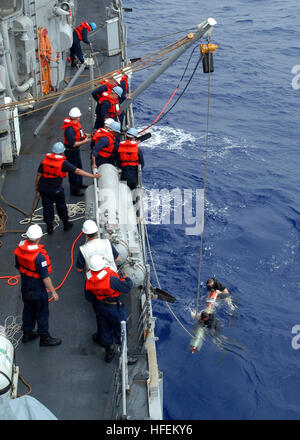 030605-N-7902K-001 Philippine Sea (Jun. 4, 2003) -- Search and Rescue (SAR) swimmers from the guided missile frigate USS Ingraham (FFG 61) retrieve a torpedo which was used during a launch and recovery training exercise.  Ingraham is part of the USS Carl Vinson (CVN 70) Carrier Strike Force on deployment in the Western Pacific Ocean.  U.S. Navy photo by Photographer's Mate 2nd Class Jeremie Kerns.  (RELEASED) US Navy 030605-N-7902K-001 Search and Rescue (SAR) swimmers from the guided missile frigate USS Ingraham (FFG 61) retrieve a torpedo which was used during a launch and recovery training e Stock Photo