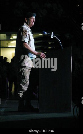 030707-N-5891B-010 Tampa, Fla. (Jul. 7, 2003) -- Gen. Tommy R. Franks, addresses the audience and troops in attendance during change of command ceremonies held for the United States Central Command. Gen. Franks will step down after 38 years of military service while passing the responsibilities of command to Gen. John P. Abazaid. CENTCOM covers the 25 countries of the Middle East, Central Asia, and Horn of Africa. The area is larger than the continental United States and stretches 3,600 miles to the east and west, and 4,600 miles to the north and south. U.S. Navy photo by Petty Officer 1st Cla Stock Photo