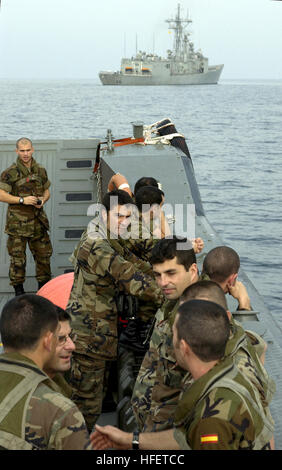 040112-N-4614W-009 Arabian Gulf (Jan. 12, 2004) -- Members of the Spanish 19th Special Forces team approach the Spanish Navy Santa Maria-class frigate Victoria (F 82), in a Landing Craft Utility (LCU).  Spanish Navy units are part of a 15-nation US-led coalition force participating in the multi-nation exercise Sea Saber 2004.  Sea Saber will provide a multi-tiered training scenario in locating weapons of mass destruction aboard suspect ships operating in waters currently patrolled by coalition forces in support of Operations Enduring Freedom and Iraqi Freedom.  U.S. Navy photo by Journalist 1s Stock Photo