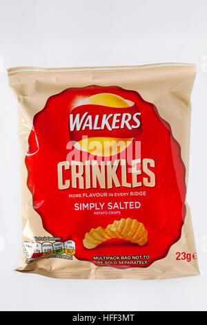 Packet of Walkers Crinkles simply salted potato crisps, more flavour in every ridge  isolated on white background Stock Photo