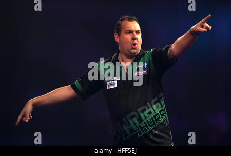 Kim Huybrechts reacting during day twelve of the William Hill World Darts Championship at Alexandra Palace, London. PRESS ASSOCIATION Photo. Picture date: Thursday December 29, 2016. See PA story DARTS World. Photo credit should read: Steven Paston/PA Wire. Stock Photo