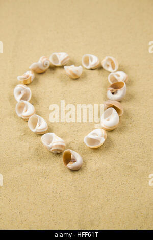 valentine heart made with shells on sand background Stock Photo