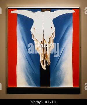 Oil painting of 'Cow's Skull: Red, White, and Blue'  by American artist Georgia O'Keeffe hanging at the Metropolitan Museum of Art in New York City. Stock Photo