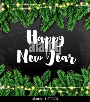 Happy New Year. Greeting Card with Fir Branches and Neon Garland. Vector Illustration.